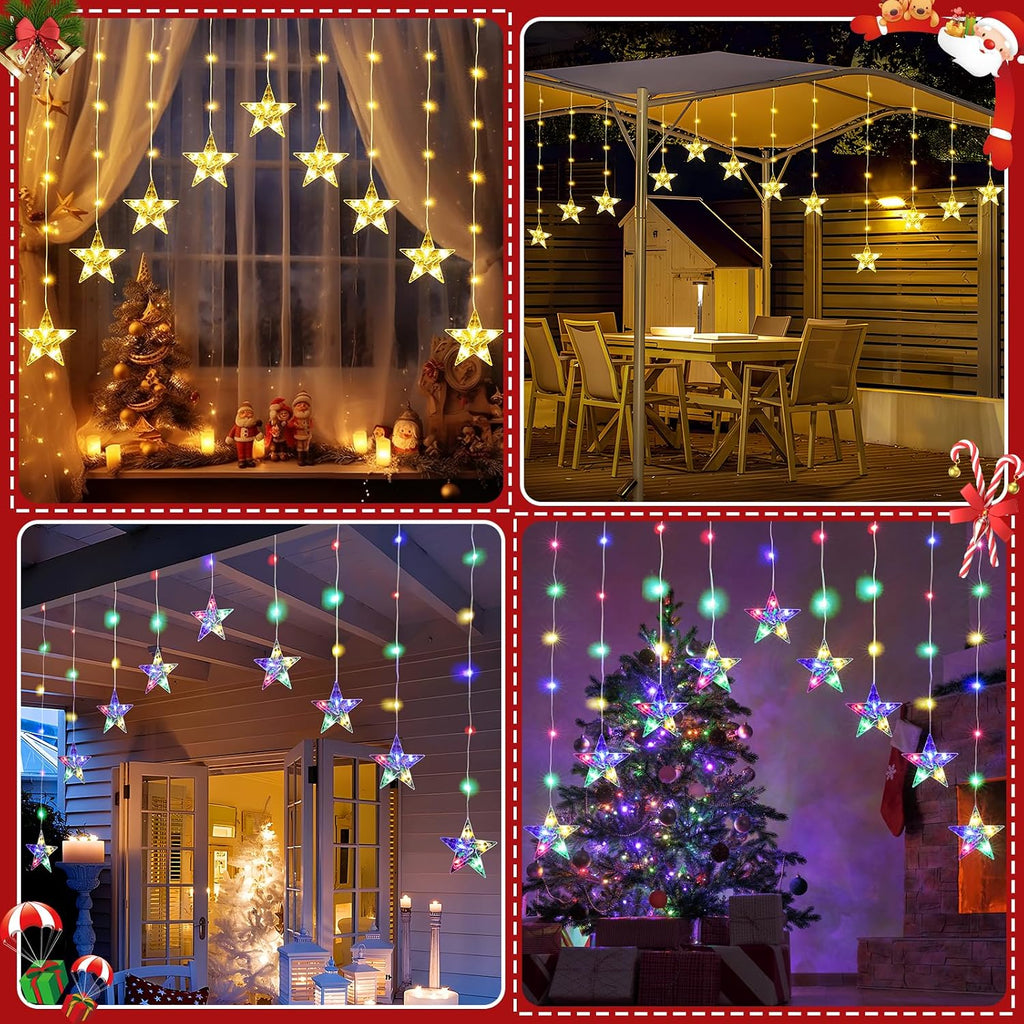 Christmas Window Lights, 76LED 9 Stars IP65 Battery Operated Star Curtain Lights 11 Modes with Timer, Xmas Decoration