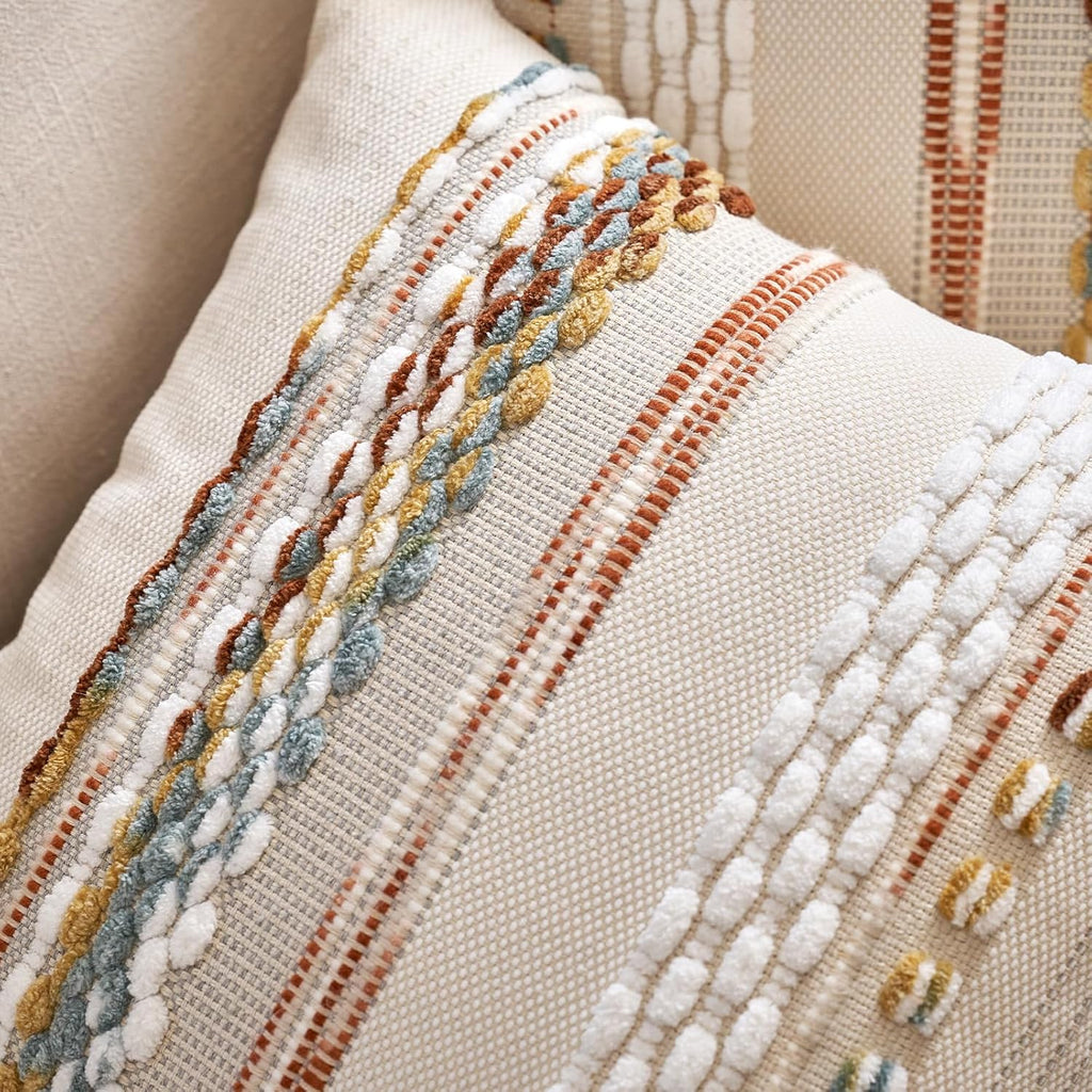 Boho Throw Pillow Covers 18x18 Inch Set of 2, Farmhouse Decorative Striped Square Pillow Covers Chenille Tufted