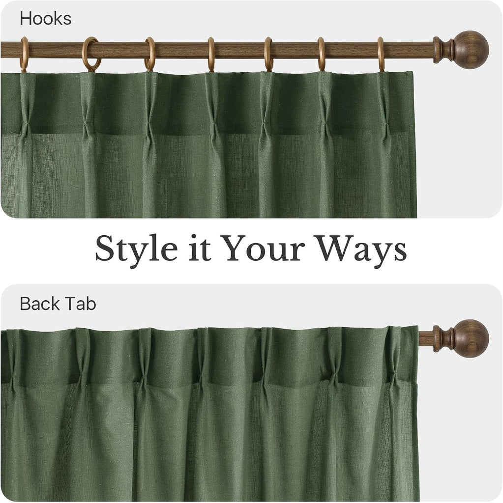 Pinch Pleated Thick Linen Blend Forest Green Curtains, Rod Pocket & Back Tab Privacy Added Light Filtering Spring