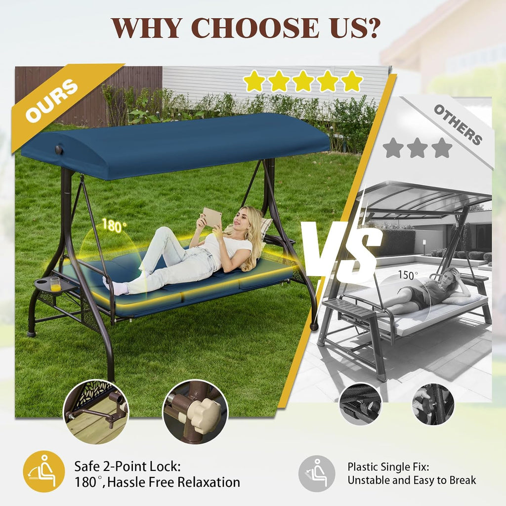 3 Seat Outdoor Patio Porch Swing with Stand and Adjustable Canopy | 3 in 1 Chair Swing Bed, 180° Recline, Heavy Duty