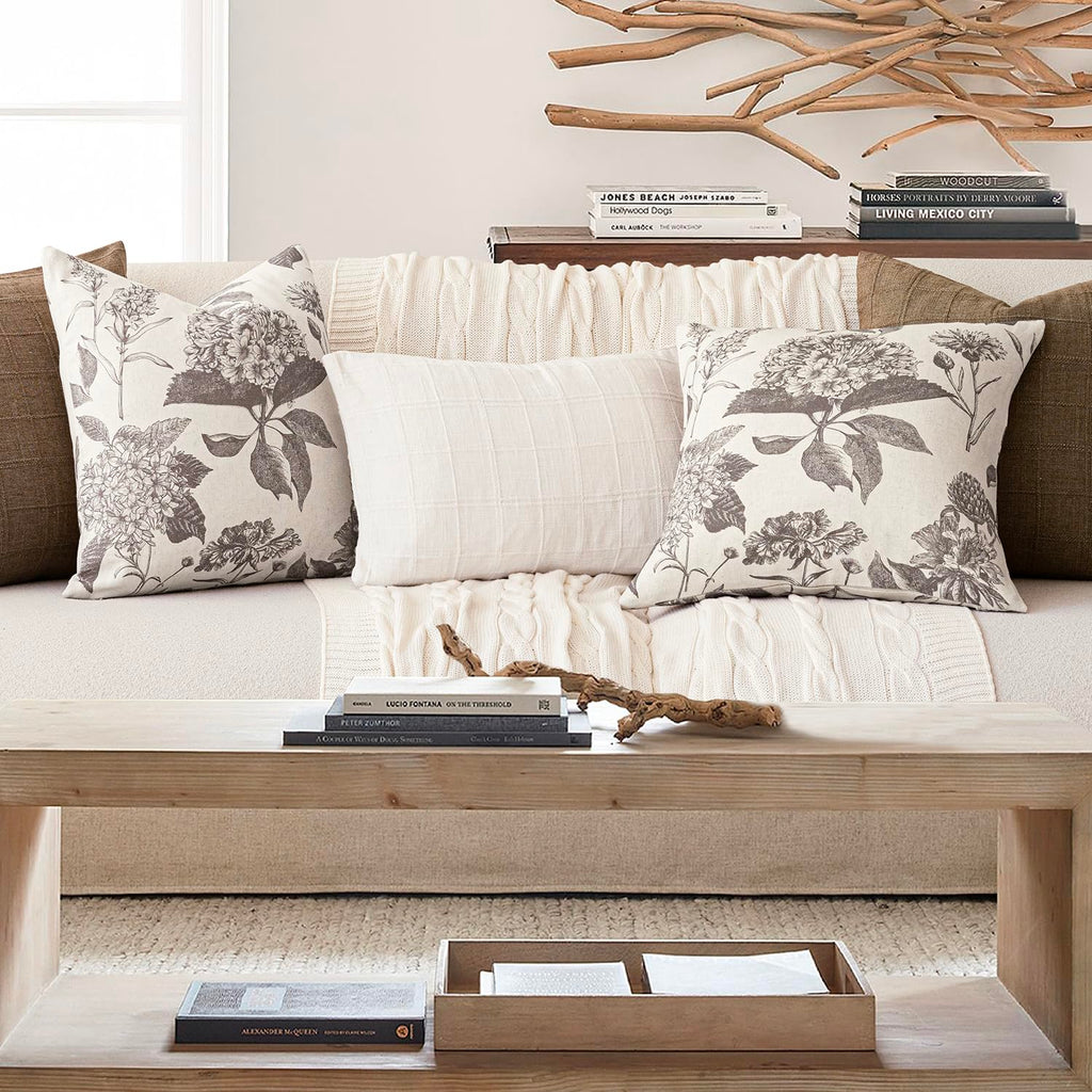 Decorative Linen Floral Throw Pillow Cover 18×18 Inch, Light Gray