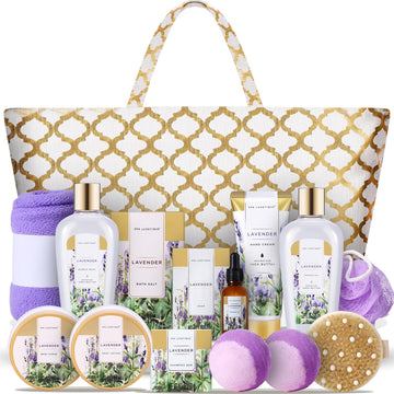 Gifts for Women 15Pcs Lavender Gift Baskets for Women Bath and Body Gift Set with Tote Bag Birthday Gift for Wife