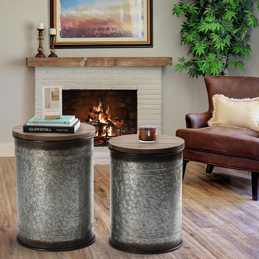 Rustic Storage Ottoman Seat Stool, Farmhouse Accent Side Table, Antique Galvanized Metal End Table Box Bin with Round