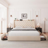 Upholstered Queen Bed Frame with 4 Storage Drawers, Charging Station and Tufted Wingback Storage Headboard