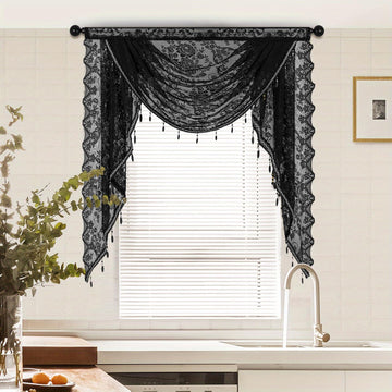 Black Sheer Lace Waterfall Window Valance with Bead Tassels Floral Embroidered Valance Curtains Semi Sheer Rod Pocket
