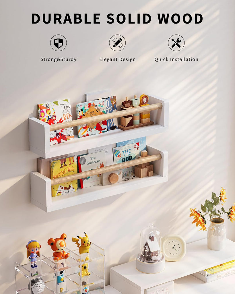 Nursery Book Shelves, 4 Pack, Wall Book Shelves for Kids Room, Baby, Toddler, Nursery Decor (White Wood, 16.5 Inches)