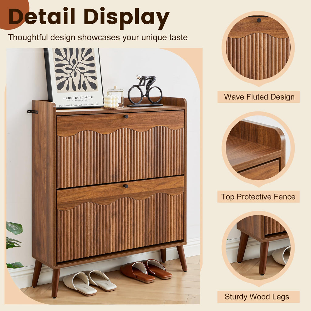 31.5" Fluted Walnut Shoe Storage Cabinet with 2 Flip Drawers