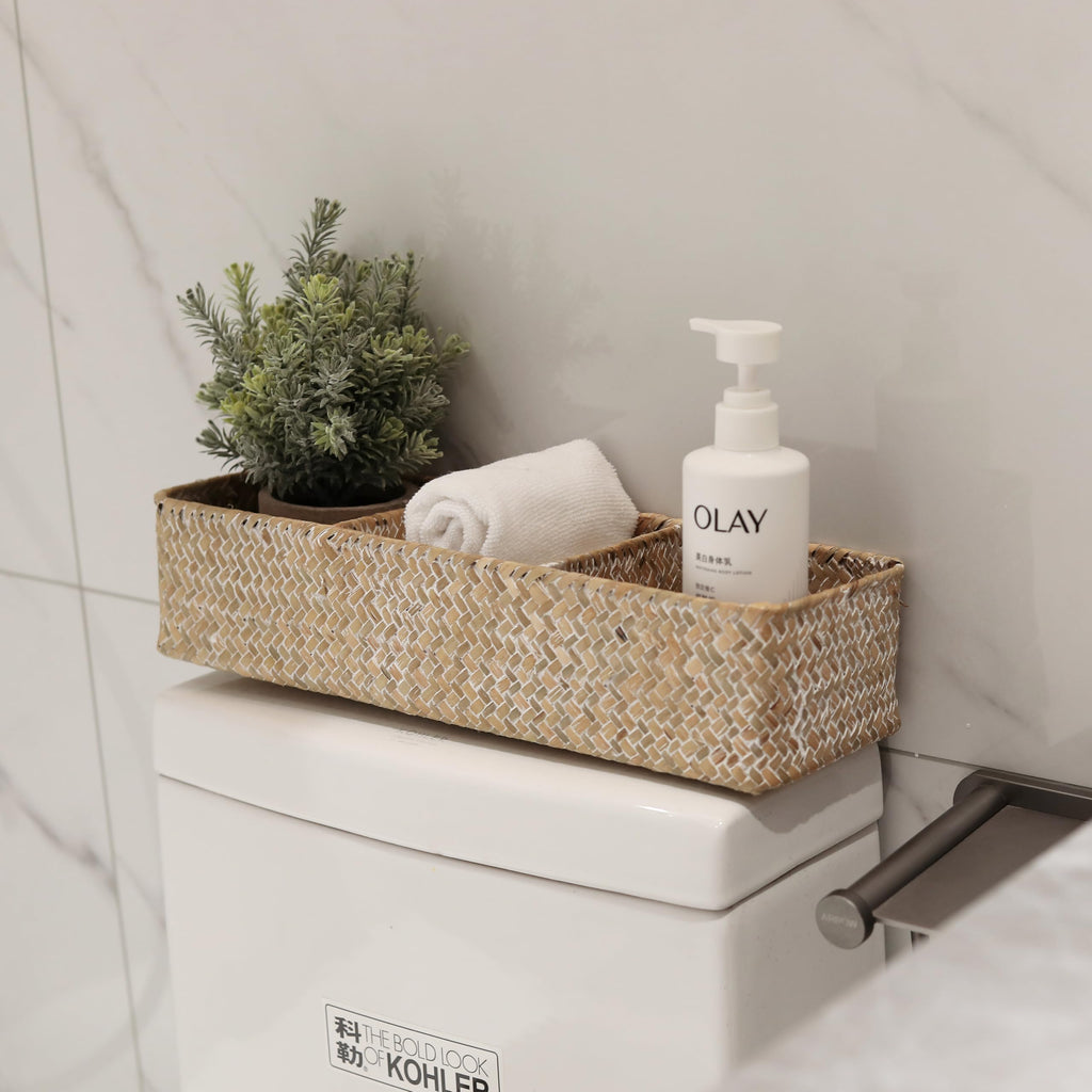 Whitewash Seagrass Toilet Paper Basket 3 Sections 16.5 x 5.5 x 3.5inch