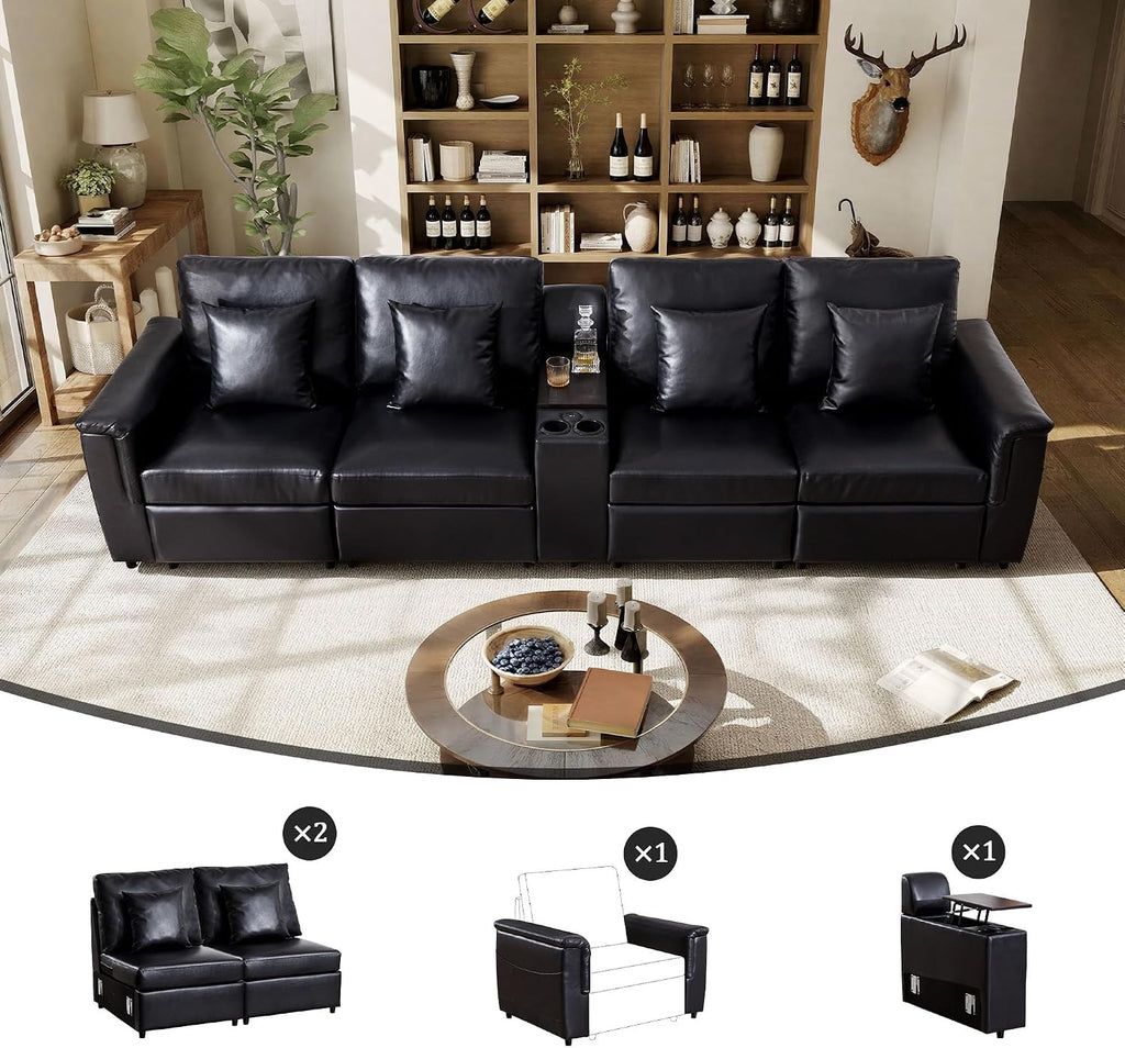 Faux Leather Sectional Sofa, Modern Leather 4 Seater Couch with Pillows and Storage Console, Modular Cloud Sofa, Black