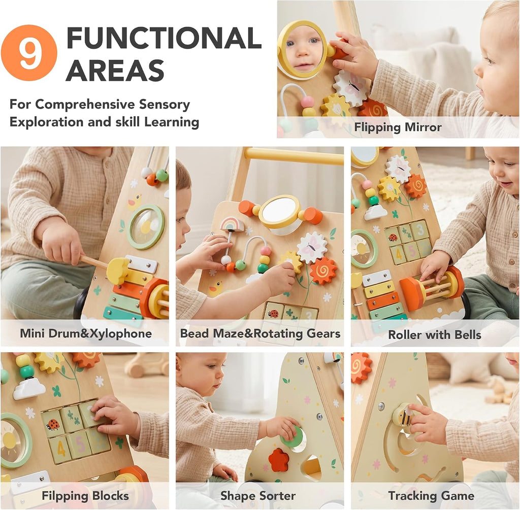 Wooden Baby Push Walker for 1 Year Old, Montessori Wood Walking Toy