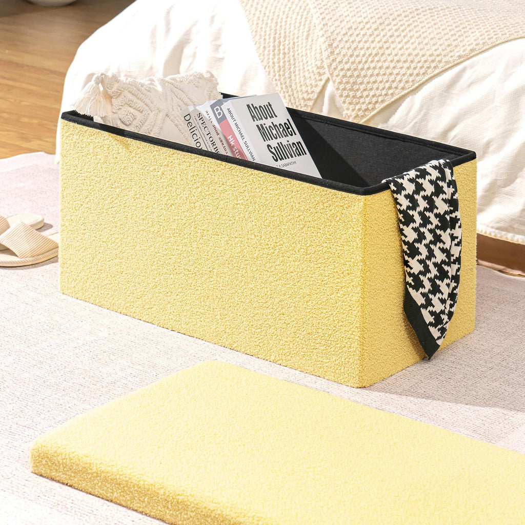 Folding Storage Ottoman Bench, Yellow Boucle Square