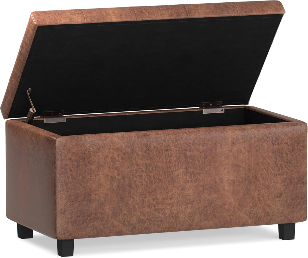 Cosmopolitan 34" Wide Vegan Leather Storage Ottoman in Brown | Distressed saddle brown, transitional storage ottoman