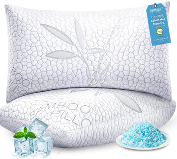 Bamboo Cooling Shredded Memory Foam Bed Pillows Queen Size Set of 2 | Plush Firm Support, Neck Pain Relief