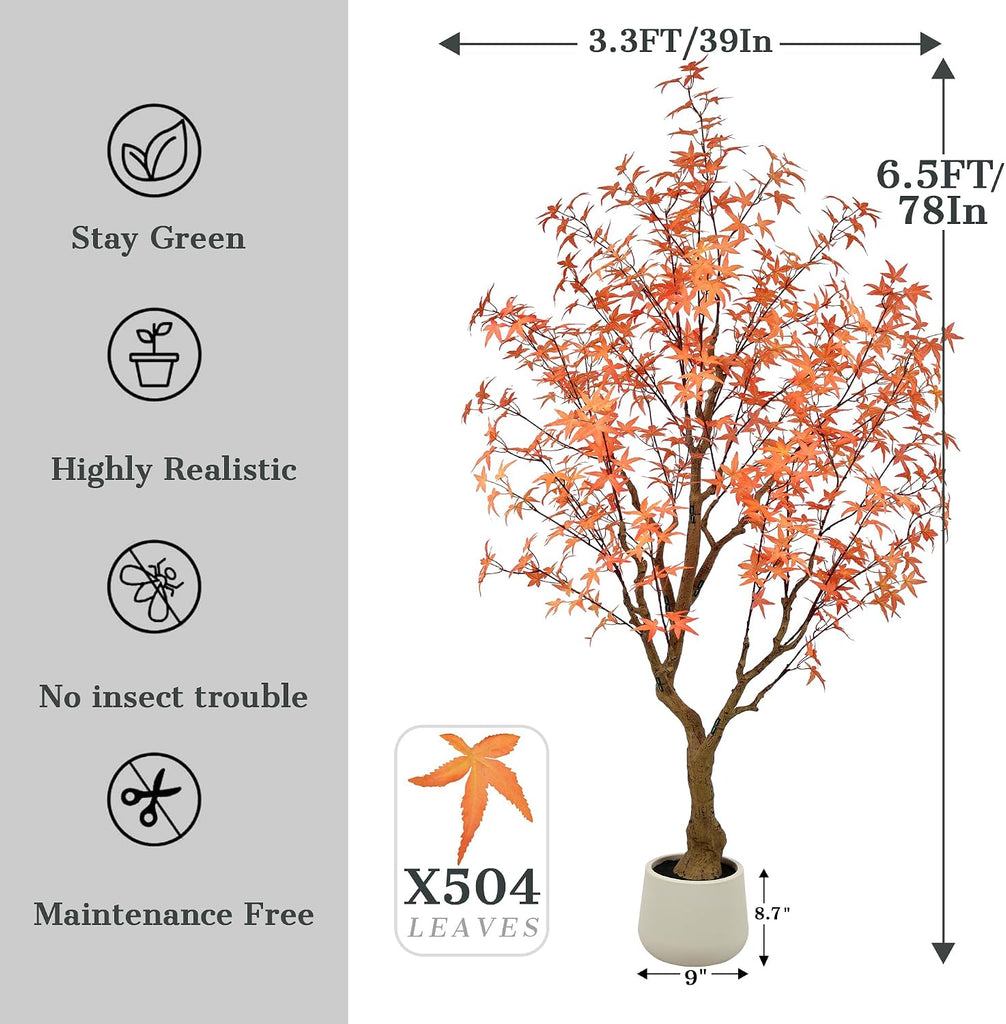 Maple Tree 6.5FT - Large Faux Plants Indoor with 504 Orange Leaves & Realistic Trunk, 78" Tall Fake Autumn Maple Tree