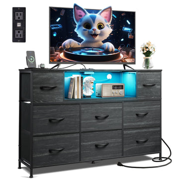 LED Dresser TV Stand for 55 Inch TV, 8 Fabric Drawers, Charcoal Black