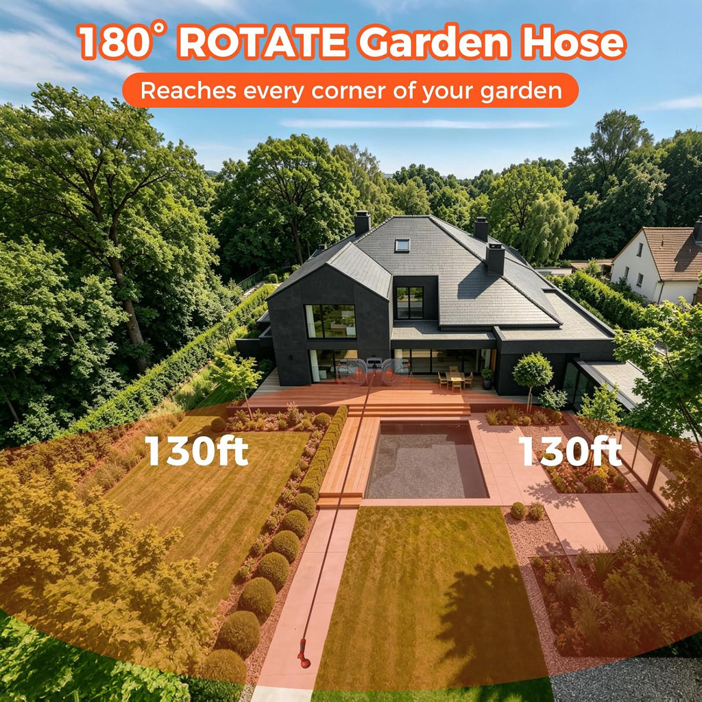 Upgraded Retractable Garden Hose Reel 1/2" x 130 ft 9 Pattern Nozzle Any Length Lock Wall-Mounted Automatic Slow