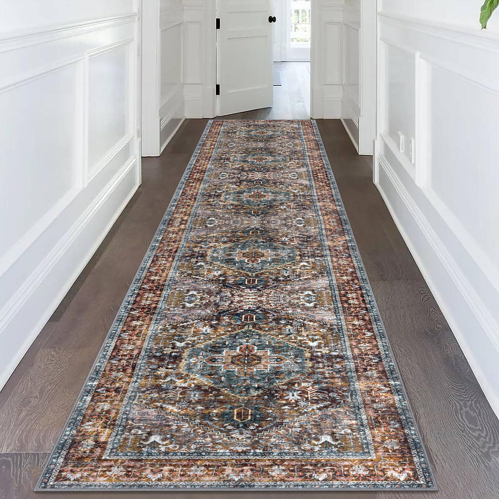 Area Rug 3x14 Ft Washable Boho Runner Rug Hallway Indoor Printed Faux Wool Carpet Bedroom Hall, Brick Red/Orange/Green