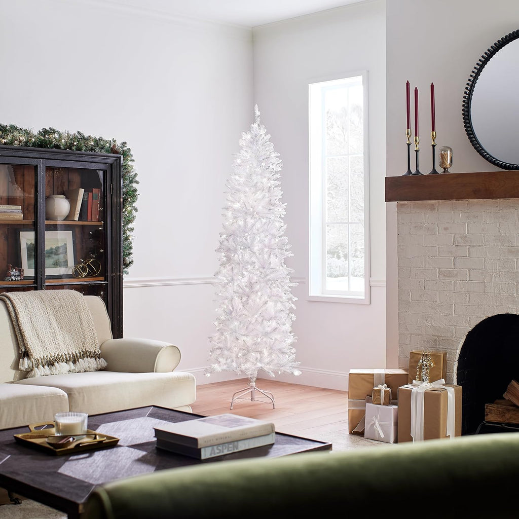 Tree Company 7ft Pre-Lit Kingswood Fir Slim Christmas Tree, White | 300 Clear Lights, 892 Tips, Includes Stand
