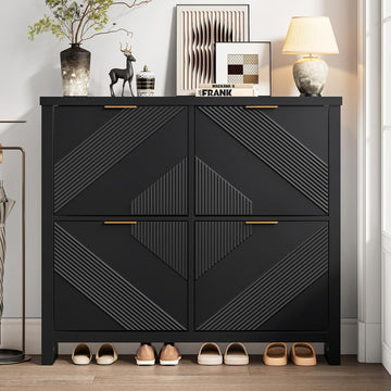 Shoe Cabinet with 4 Flip Drawers & Symmetric Groove Pattern | 44.5''W x 9.2''D x 39.4'' White Fit for 16-24 Pairs of
