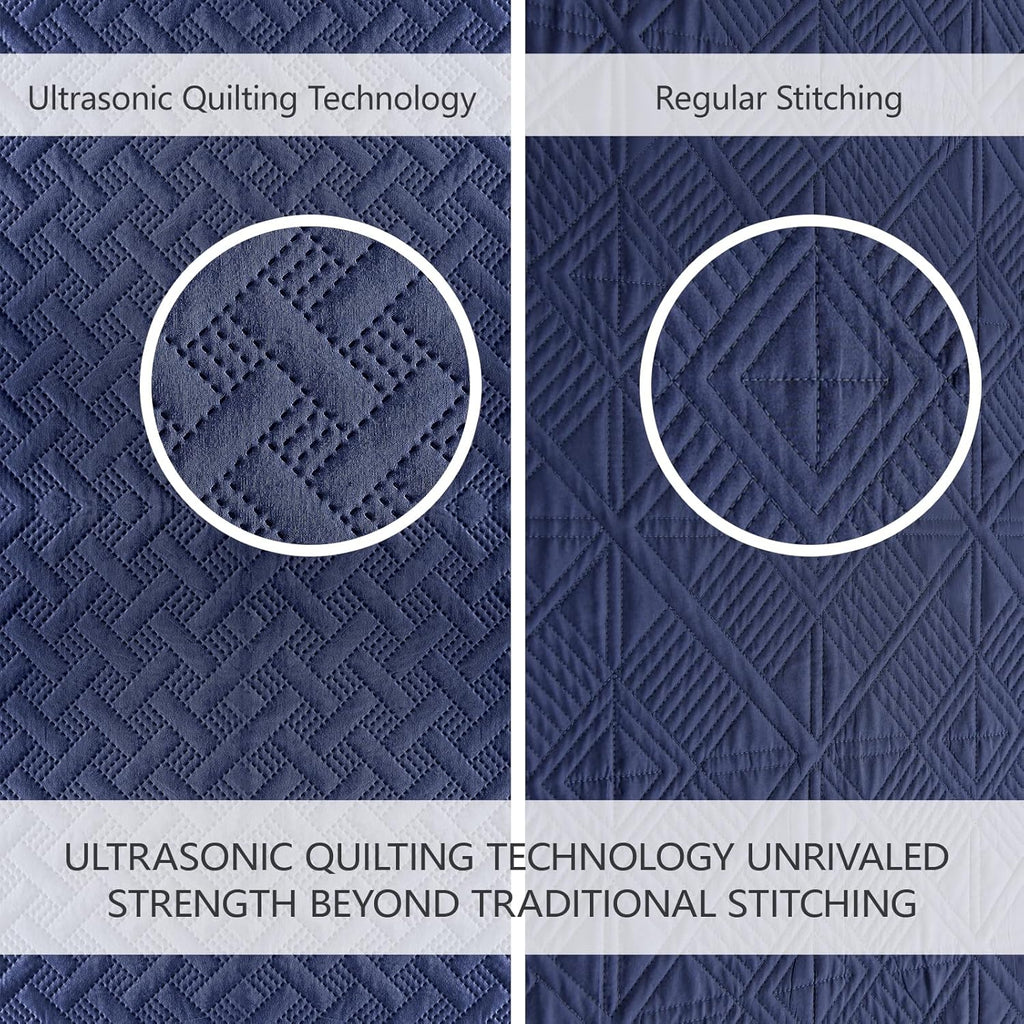 Quilts Queen - Ultra Soft Navy Blue Quilt Lightweight Microfiber Bedspreads, Classic Basket Weave Pattern Bedspread