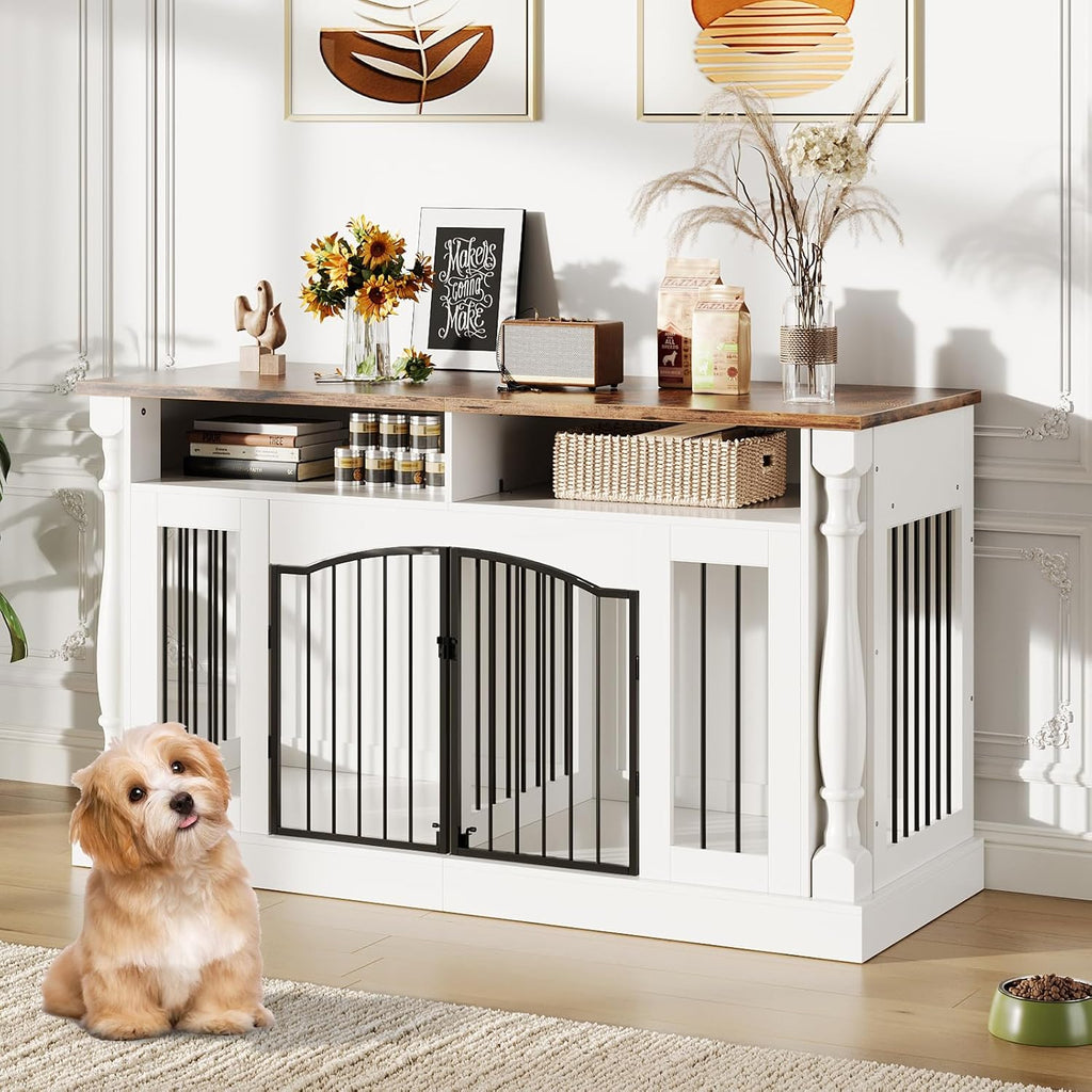 63 Inch Double Dog Crate TV Stand, Heavy Duty Wooden Dog Crate Furniture for 2 Dogs, Dog Kennel Indoor Furniture