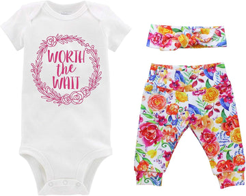 Worth the Wait Baby Girl Going Home Outfit - Watercolor Floral - Bodysuit, Yoga Pant, and Headband