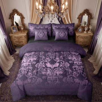 Gothic Damask Bed in a Bag Queen Comforter Set 7 Piece, Halloween Bat Bedding Sets Purple Victorian Floral Goth Sheet