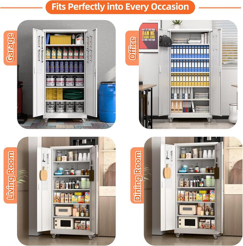 71" White Metal Storage Cabinet with Wheels and Pegboard | 16"D x 32"W x 71"H steel cabinet; lockable doors, 5
