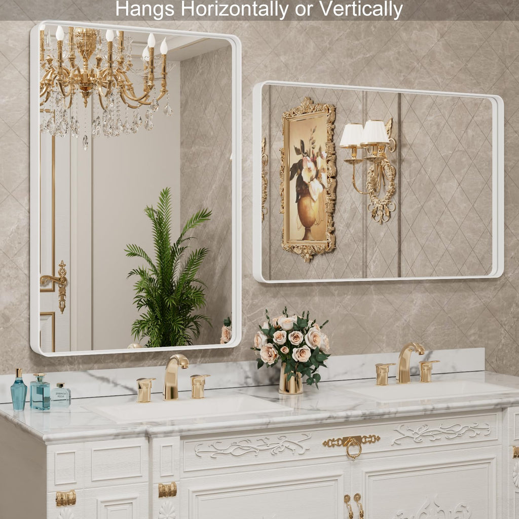 22x30 Inch White Metal Framed Bathroom Mirror for Wall, White Bathroom Vanity Mirror Farmhouse, Large Rounded