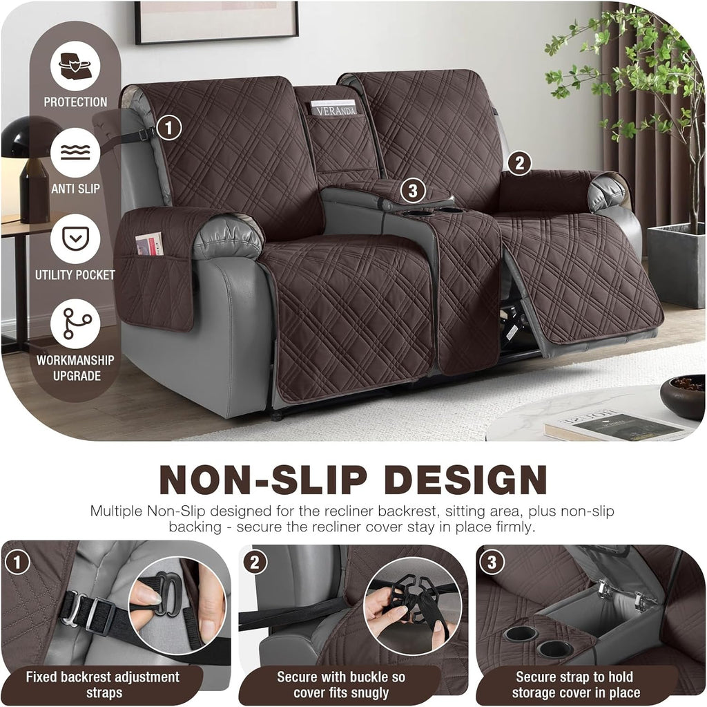 Loveseat Recliner Cover with Center Console, 100% Waterproof Pet Cover for Dual Recliner with Straps Design, Split