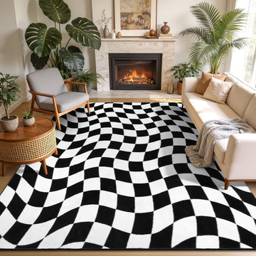 Large Checkered Area Rug, Non-Slip Soft Washable Living Room Rug with Rubber Backing, Low Pile Rug Floor Carpet