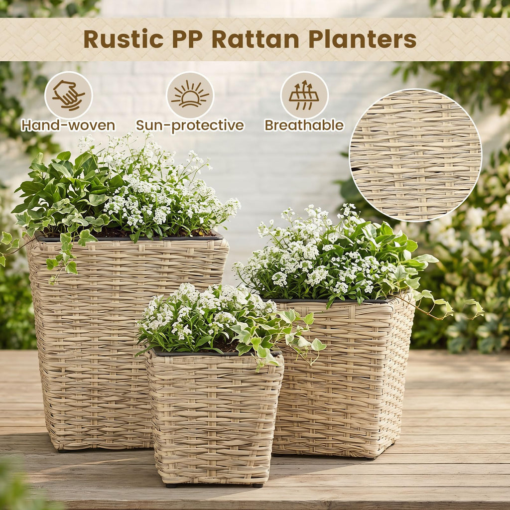 3-Piece Rattan Planter Box Kit, Wicker Planters with Removable Plastic Liners for Indoor & Outdoor Plants