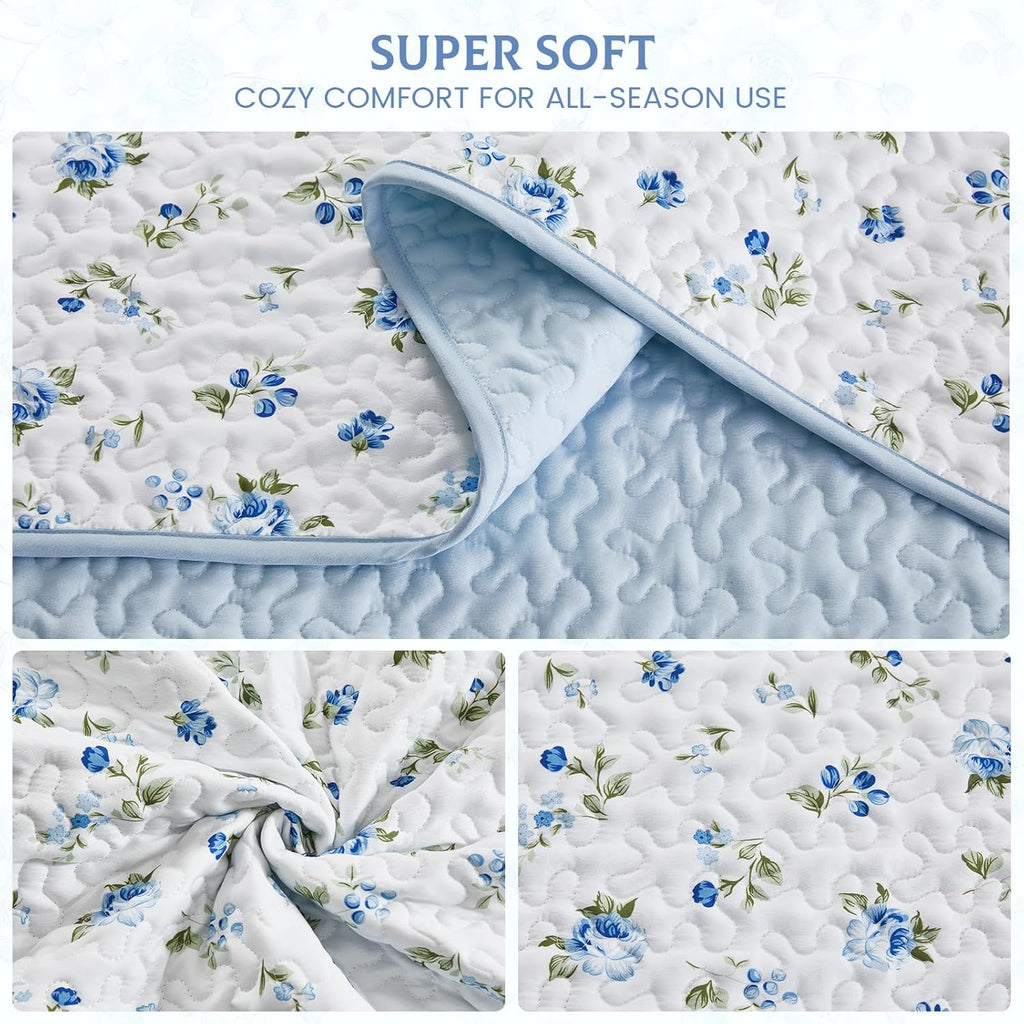 Oversized King Quilt Set 128x120 Blue Floral Extra Wide Super King Quilted Bedspread Coverlet 3-Piece Garden Style