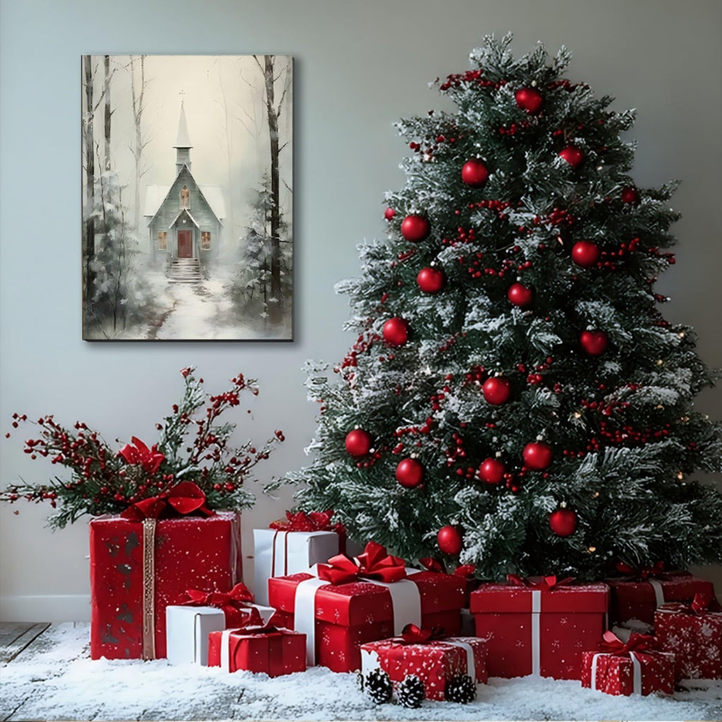 Winter Cabin Wall Art Poster Print 24x36inch, Snowy Forest Scene Art, Framed Christmas Prints - Christmas Canvas