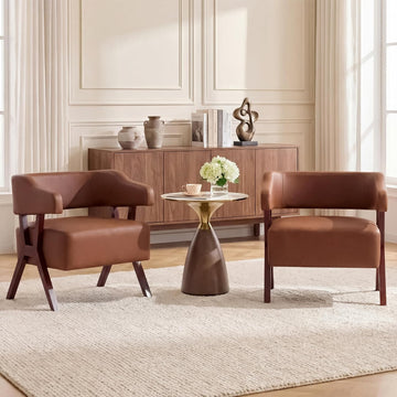 Faux Leather Barrel Accent Chair with Solid Wood Frame (Brown,2) - Set of 2