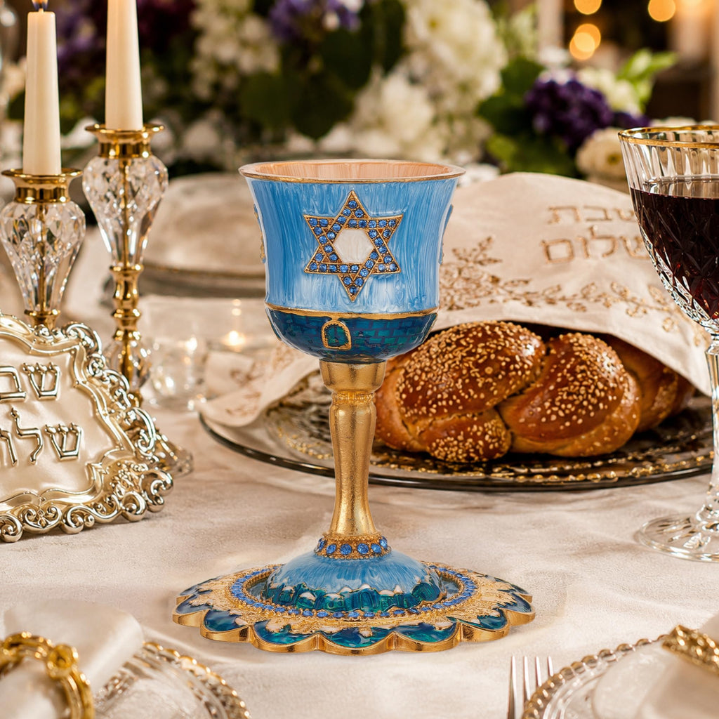 Hand-Painted Enamel Tall 5" Kiddush Cup Set w/Stem & Tray