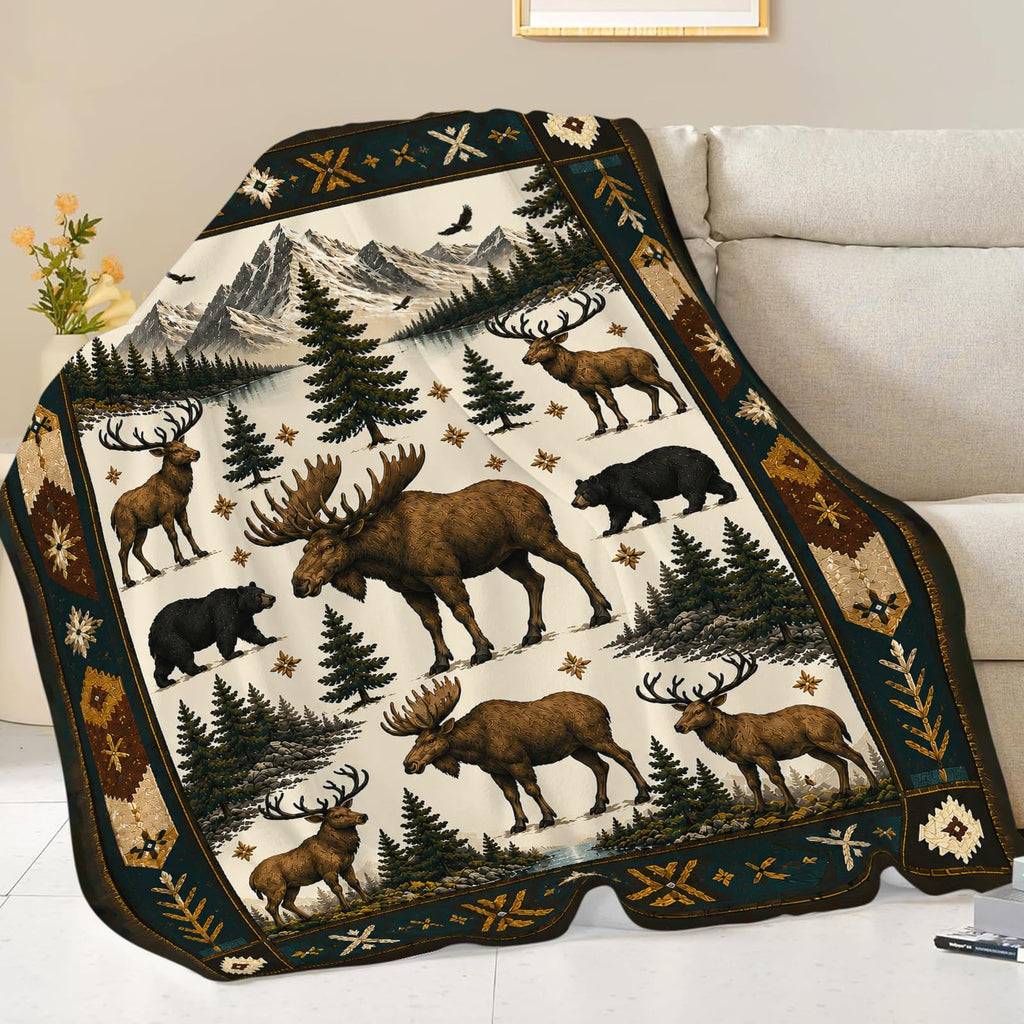 Cabin Blanket Rustic Lodge Deer Moose Throw Cozy Decor Gifts 50"X40"