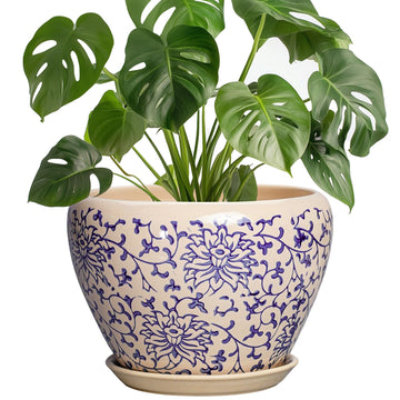 Ceramic Pots for Plants - 8 Inch Plant Pot with Drainage Hole and Saucer, Modern Flower Pots for Indoor Outdoor