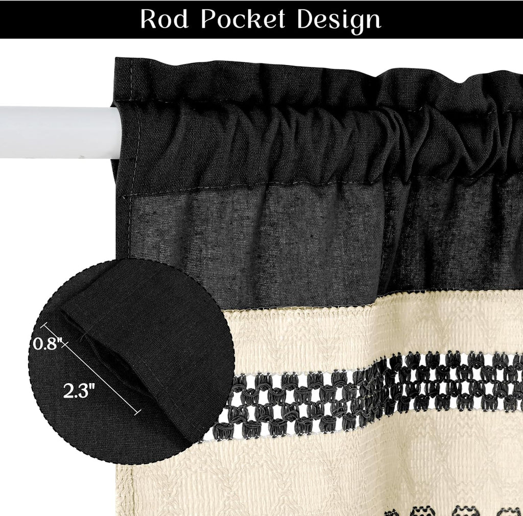 Farmhouse Linen Valance for Windows Boho Crochet Short Curtain with Tassel Country Black Valance for Kitchen Light