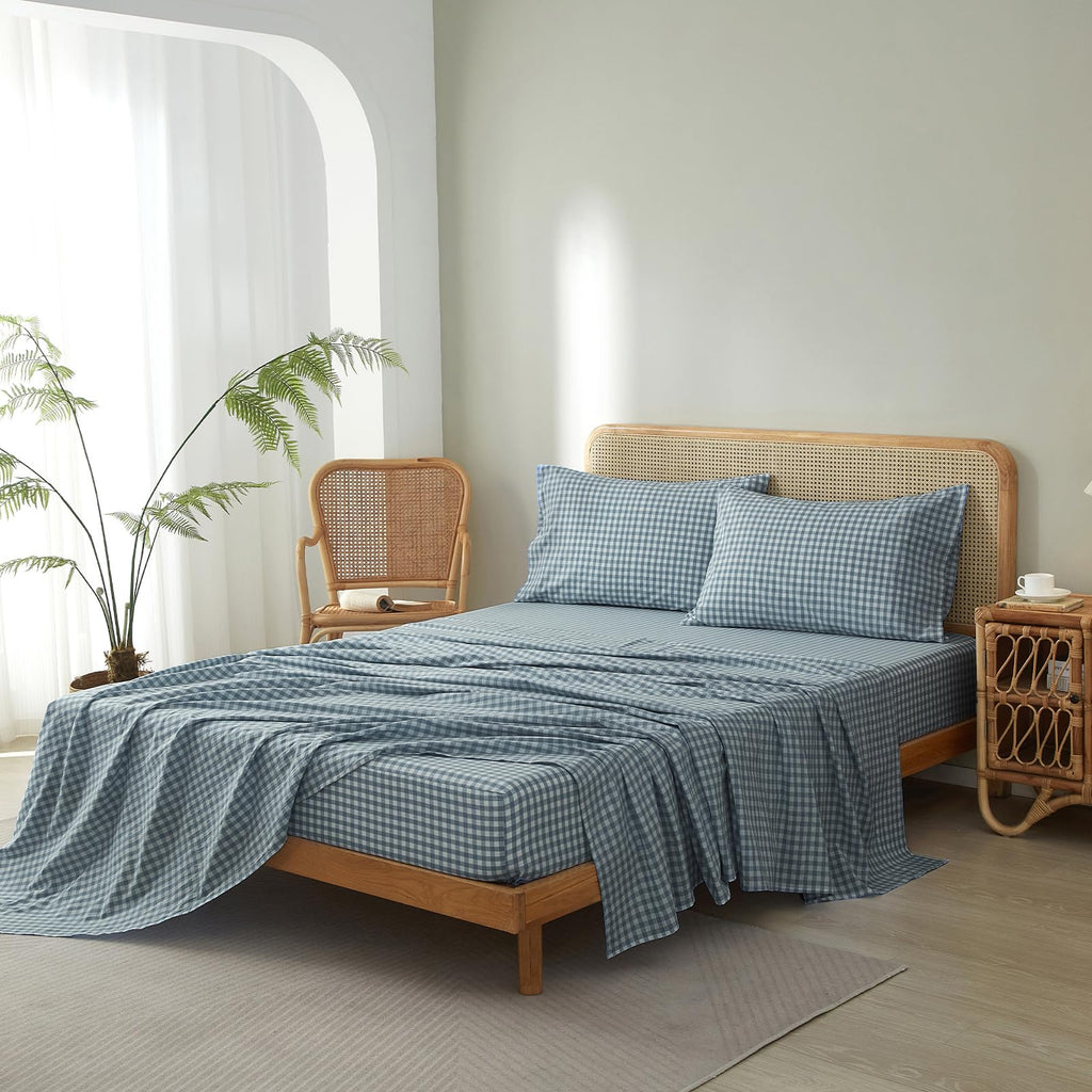 Blue Gingham Sheets Set Twin Size, Breathable Soft 100% Washed Cotton Blue Plaid Bed Sheets with 16" Deep Pocket