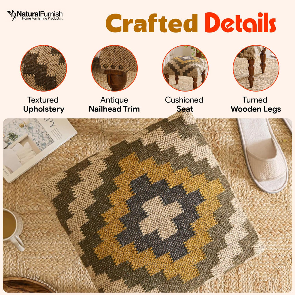 Handmade Jute Upholstered Ottoman Stool | Square Foot Rest with Wooden Legs | Decorative Accent Seating, Vanity &