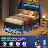 Full Bed Frame with Charging Station and LED Lights, Platform Bed with Metal Slats