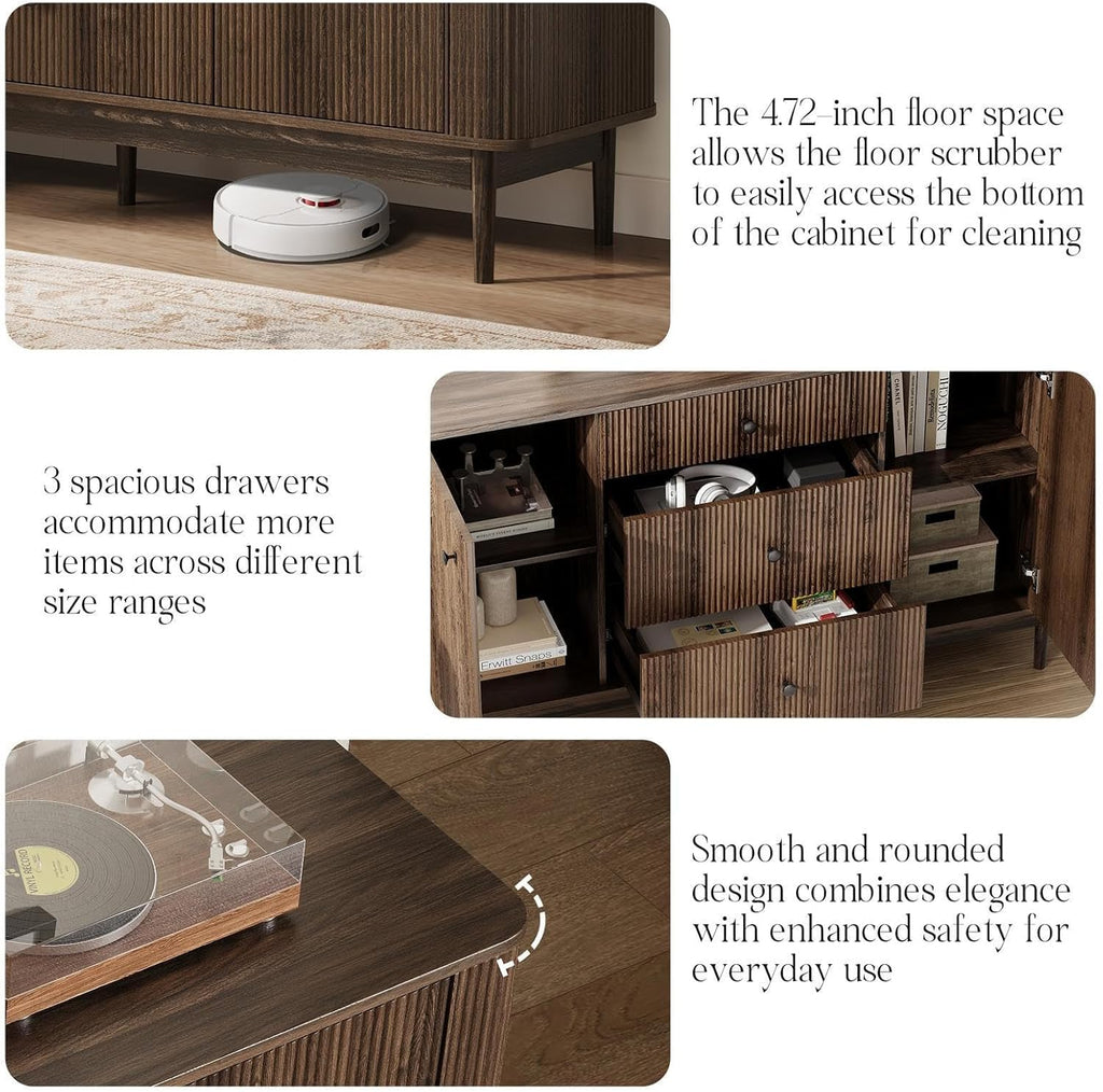 59" Buffet Cabinet with Drawers, Large Fluted Sideboard Buffet Storage Cabinet with Charging Station