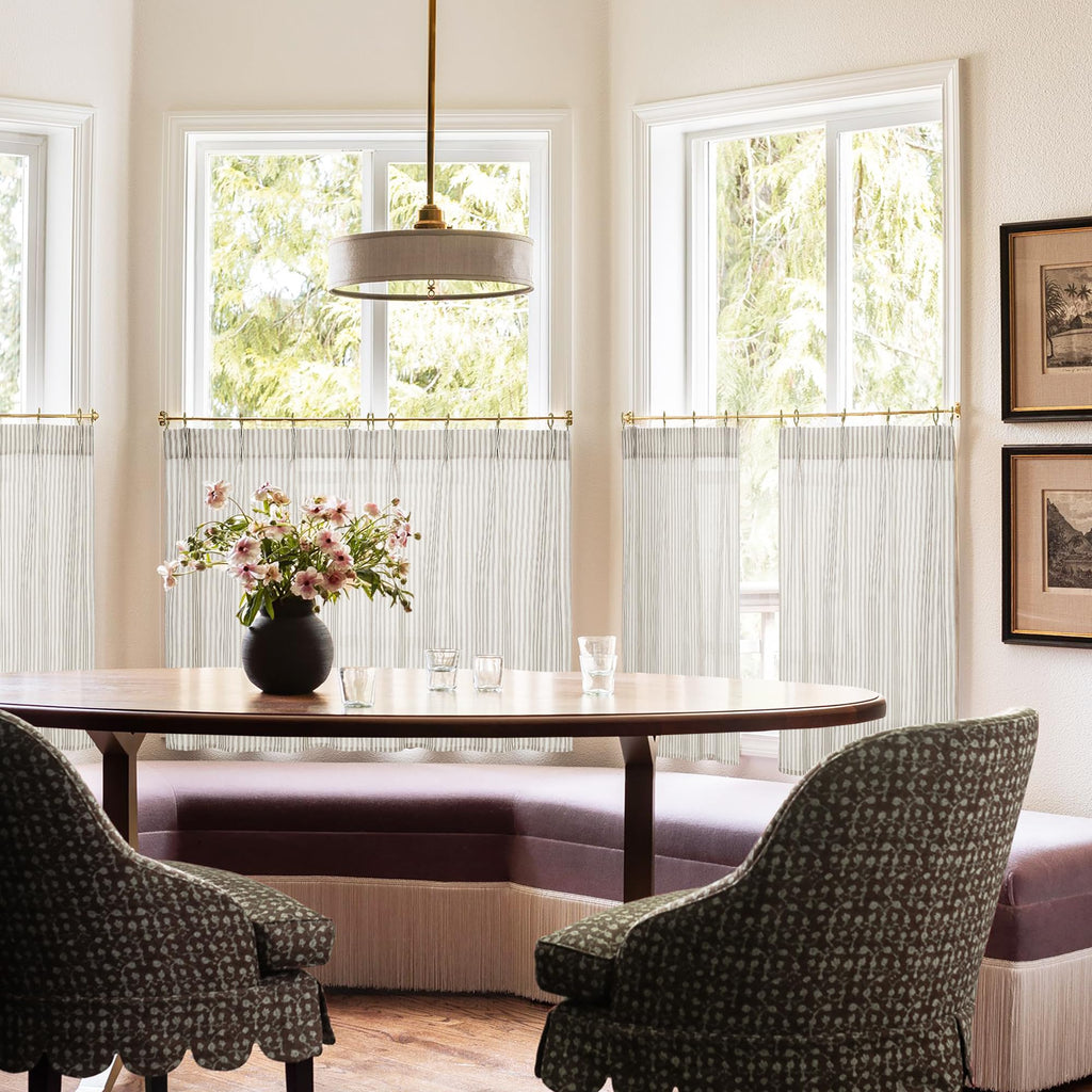 Small Window Curtains, Pinch Pleated Cafe Curtain 24 Inch Length, Linen Farmhouse Sheer Taupe Pinstripe Ticking Stripe