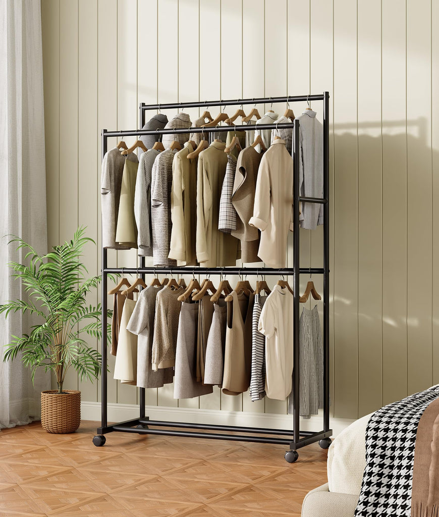 Clothes Rack - 36.2" x 21.3" x 72", 4-Bar Double Rod Rolling Clothing Rack for Hanging Clothes, Portable Garment Rack