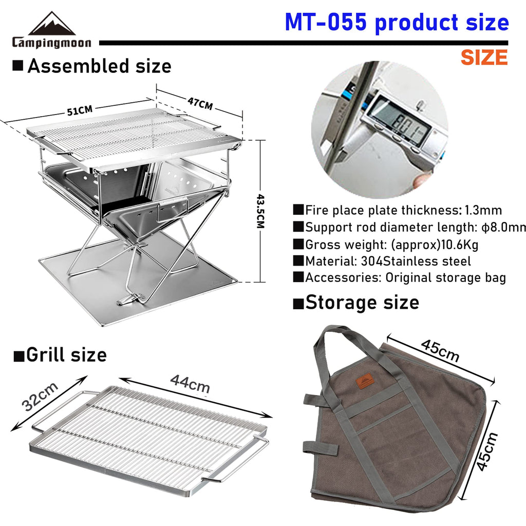 Campingmoon BBQ Grill Fire Pit Foldable Stainless Steel - Extra Large