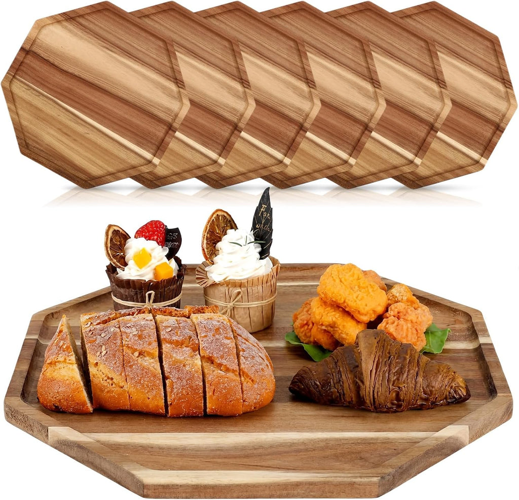 6 Pack 12'' Acacia Wood Serving Trays Wooden Octagon Serving Platter Charcuterie Boards for Bread Fruit Food Dish