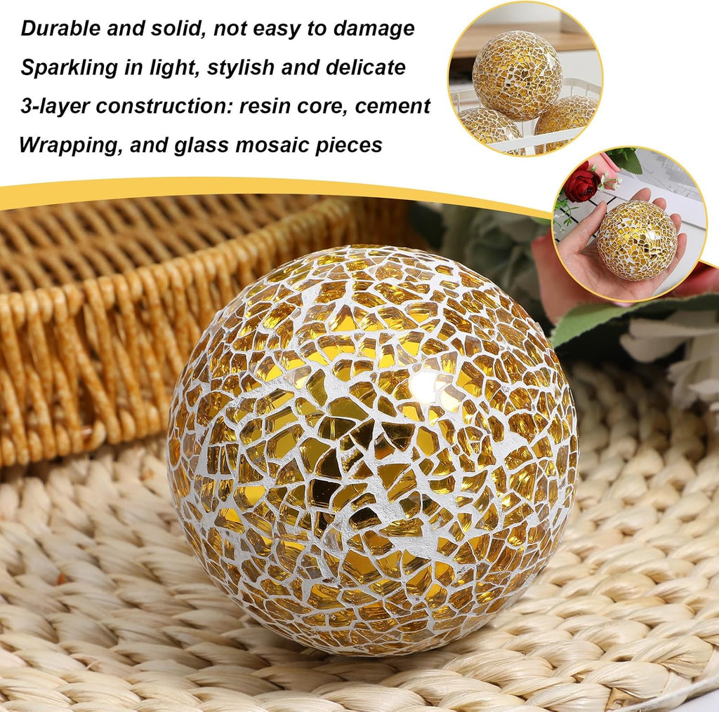 Decorative Balls for Bowls Gold Orbs Glass Balls Mosaic Glass Orbs Centerpiece Ball 3.1 Inch Decor Table Vase - Set of 5