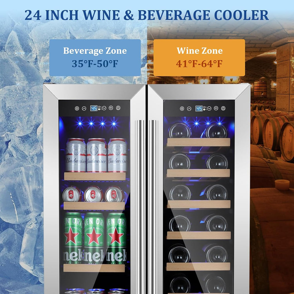 24 Inch Wine and Beverage Refrigerator, Dual Zone Beverage Cooler with Glass Doo