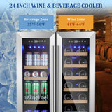 24 Inch Wine and Beverage Refrigerator, Dual Zone Beverage Cooler with Glass Doo